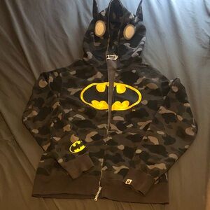 Bape X DC Comics Batman Camouflage Full Zip Hoodie Jacket with Yellow Batma Logo
